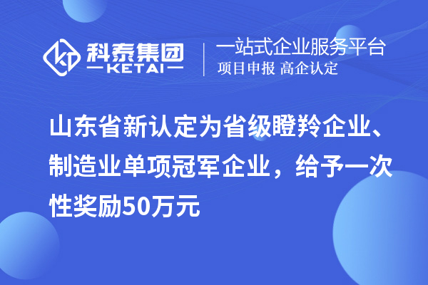 山东省新认定为省级瞪羚企业、制造业单项冠军企业,给予一次性奖励 50 万元