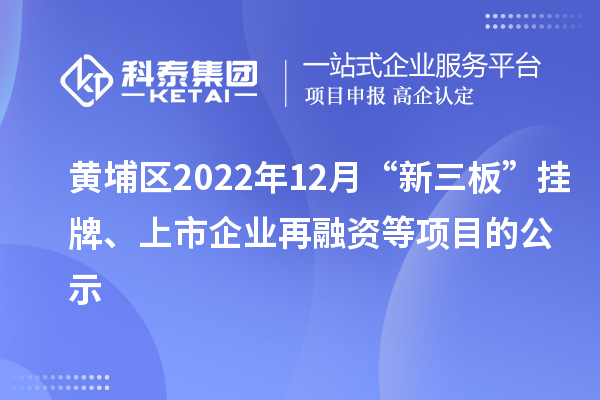 黄埔区2022年12月“新三板”挂牌、上市企业再融资等项目的公示