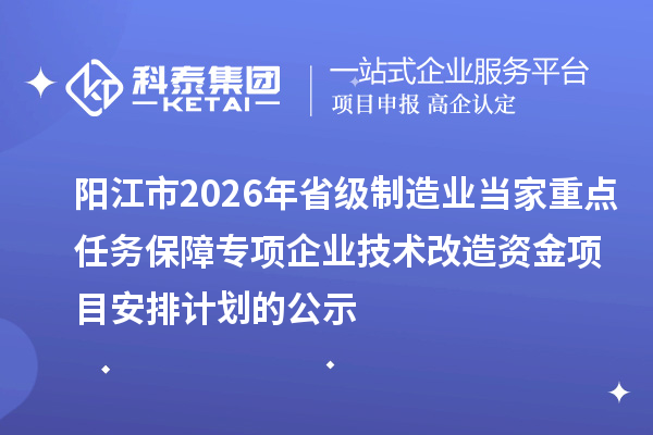 阳江市2026年省级制造业当家重点任务保障专项企业技术改造资金项目安排计划的公示